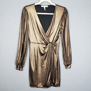 BCBGeneration XS Long Sleeve Wrap Dress Metallic‎ Gold NYE Party Cocktail Mini